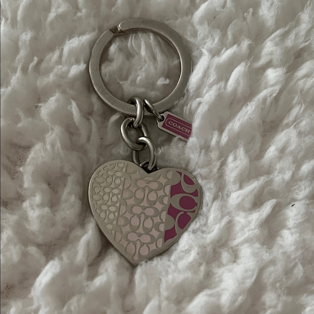 Coach Heart Keychain in Silver and Pink